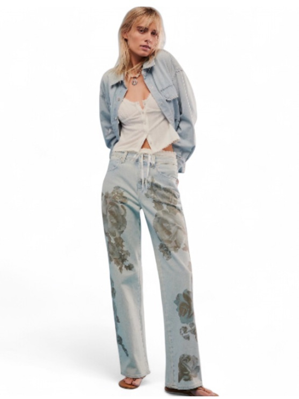 Free People We The Free Tinsley Baggy Printed Jeans Daylight Combo 27 NWOT